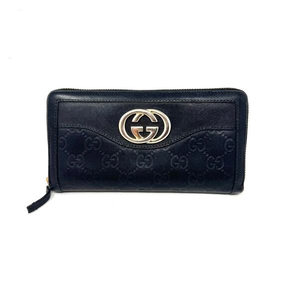 Gucci GG Guccissima Monogram Black Leather Zip Around Wallet with Double G Logo - Picture 1 of 11
